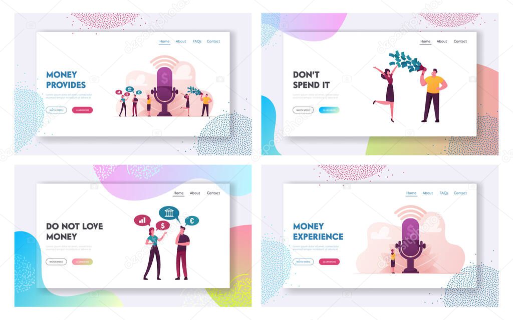 Characters Money Talks Landing Page Template Set. People Stand near Huge Microphone with Dollar Communicate Discussing Financial Deals. Business Consulting, Advice. Cartoon People Vector Illustration