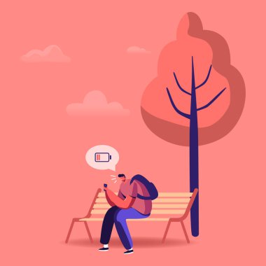 Smartphone Show Düşük Batarya Göstergesi ile Parktaki Bench 'te oturan üzgün adam. Sosyal Medya Ağı 'nda Hüsrana uğramış Erkek Karakter Sohbeti Dışarıda Cep Telefonunu Şarj Etme Gereksinimi. Çizgi film Vektör İllüstrasyonu
