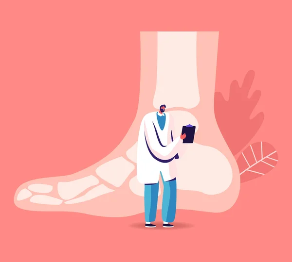 Ortopedi och Podiatry Medical Healthcare Concept. Doktor Podiatrist Karaktär med Clip Board Stå vid enorm fot med ben röntgenbild. Patientbehandling på sjukhus. Tecknad vektor Illustration — Stock vektor