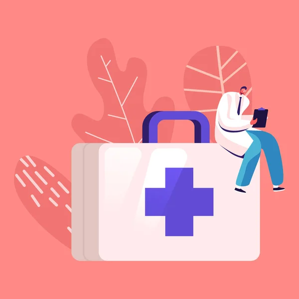 Läkare eller sjuksköterska Karaktär i vit morgonrock med Clip Board sitter på en enorm låda med medicinska verktyg. Klinik, sjukhuspersonal på jobbet. Medicin Yrke, Yrke. Tecknad vektor Illustration — Stock vektor