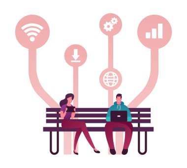 Bench 'te oturan, Sosyal Medya Ağlarında Sohbet eden Genç İnsanlar Karakterleri. Mobil aygıtlarla, laptopla, tabletle, ücretsiz uygulamalarla iletişim kuran erkek kadın. Çizgi film Vektör İllüstrasyonu