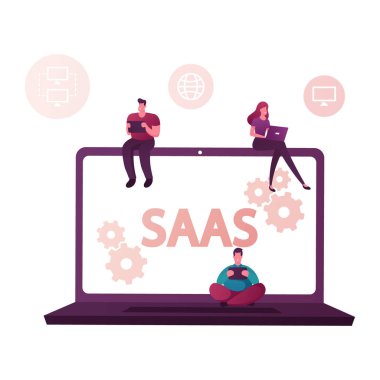 Saas, Yazılım Hizmetleri. Bilgisayarlarda Bulut Yazılımı, Mobil Aygıtlar, Kodlar. Uygulama Sunucusu ve Veritabanı. Bilgisayarlı ve Gadget 'lı Erkek ve Kadın Karakterler. Çizgi film İnsanları Vektör İllüstrasyonu