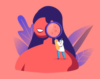 Küçük Doktor Dermatoloji Karakteri Sivilceli Kız Yüzüne Bakıyor, Cilt Hastalığı. Dermatoloji ve kozmetoloji tıp, tedavi, sağlık hizmetleri. Çizgi film İnsanları Vektör İllüstrasyonu