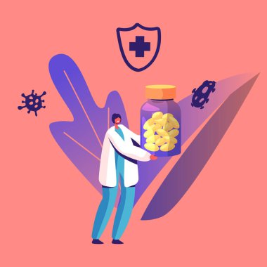Doktor Karakteri, içinde ilaç hapları, çeşitli mikroplar, virüsler ve bakteriler uçuşan kocaman bir şişe taşıyor. Hastalık Önleme, Hastalık Tedavisi Salgını Yayılıyor. Çizgi film Vektör İllüstrasyonu