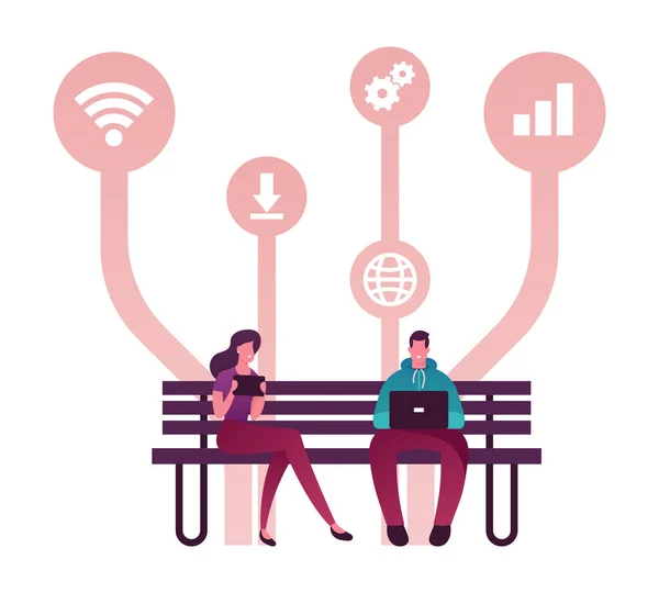 Young People Characters Using Gadgets Sitting on Bench, Chatting in Social Media Networks. Man Woman Communicating with Mobile Devices, Laptop, Tablet, Download Free Apps. Cartoon Vector Illustration — Stock Vector