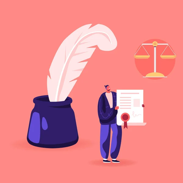 Karakter. Young Lawyer Stand at Enorme Inkwell with Feather Pen and Scales Holding Certificate with Seal Stamp. Notaris en advocaat Professional Service, Man met document. Cartoon Vector Illustratie — Stockvector