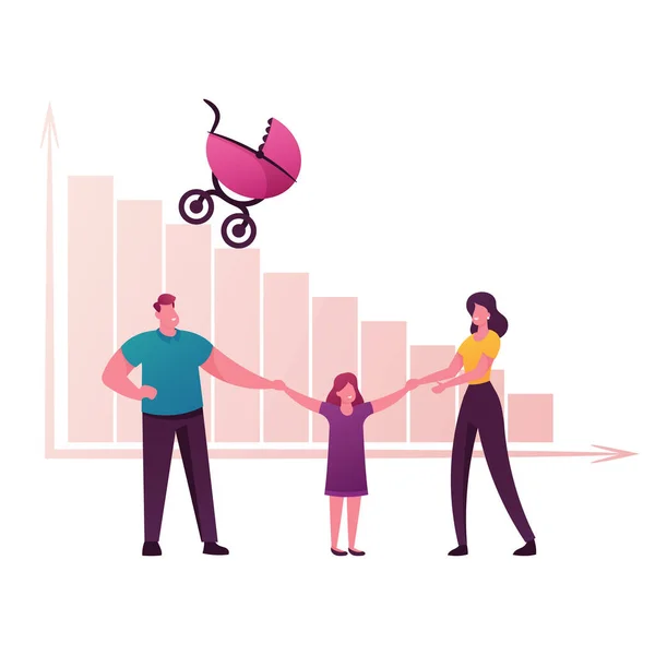 Birth Rate and Demographic Datum Concept. Happy Parents and Little Daughter Characters Hold Hand front of Decreasing Column Chart with Baby Carriage Riding Down. Illustration vectorielle des personnages de bande dessinée — Image vectorielle