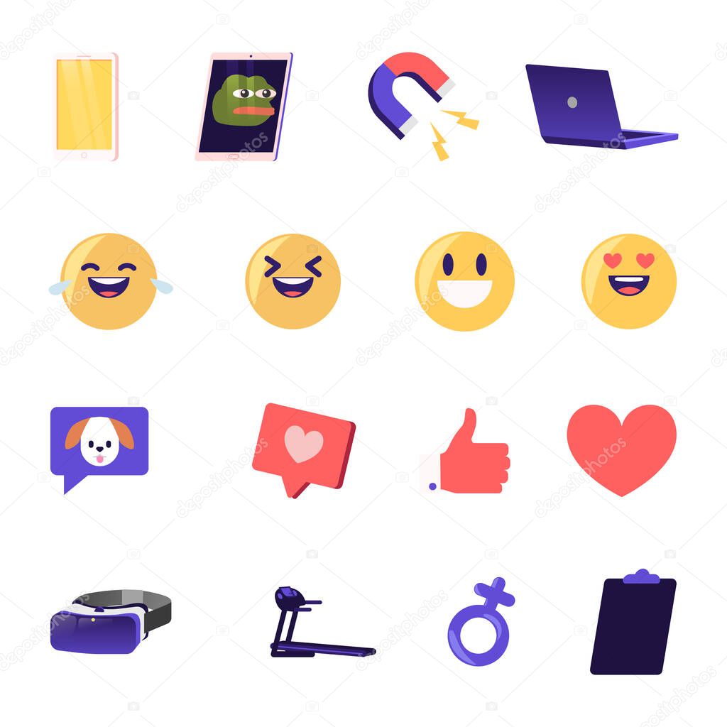 Set of Social Media Icons Emoji Smiles Expressing Good Emotion, Treadmill, Laptop. Thumb Up, Red Heart and Speech Bubble. Magnet, Smartphone Isolated on White Background. Cartoon Vector Illustration