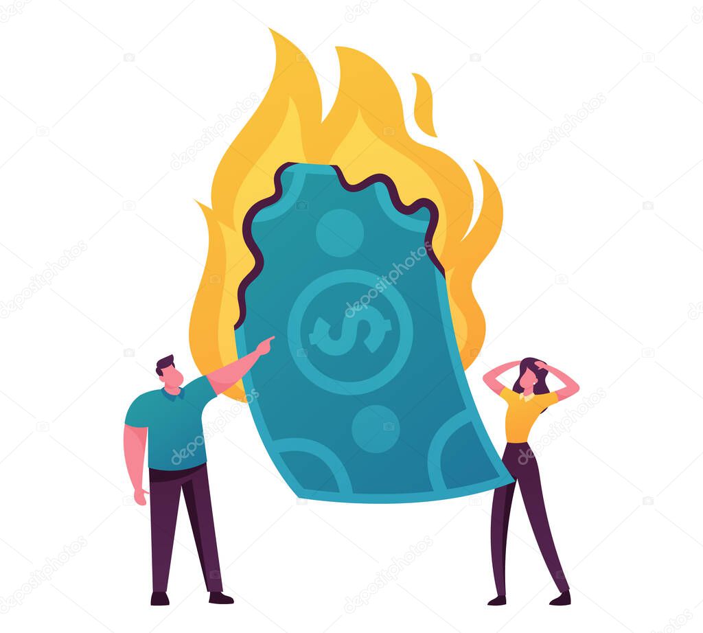 Economy Crisis, Inflation Statistics. Business People Characters Looking at Burning Dollar Bill. Loss of Income. Stressed Managers Watching at Fire, Investment Crash. Cartoon Vector Illustration
