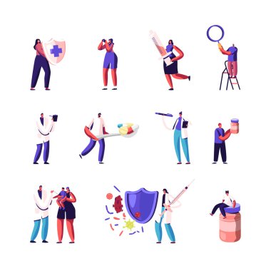 Tıbbın Karakterleri. Kalkan ve Şırıngalı Doktor, Virüslerden Korunan Çocuklara Aşı Yapan Hemşire. Sağlık bağışıklığı, tıbbi aşı. Çizgi film İnsanları Vektör İllüstrasyonu