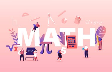 Matematik Bilimi Konsepti. Laboratuvarda ya da Büyük İşaret Pi 'de Küçük Öğrenci Karakterleri ya da Okul Sınıfı Matematik Öğrenme Dersi. Eğitim Kazanan ve Yazan Formula Poster Uçan Çizgi Film Vektör İllüstrasyonu