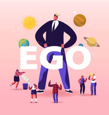 Ego, Narcissistic Self Love Behavior Concept. People Characters around of Egocentric Macho Man Wearing Crown on Head. Psychological Disorder Symptom Poster Banner Flyer Cartoon Vector Illustration clipart