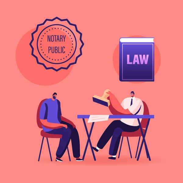 Officieel document, Geldigheidsconcept. Notarisstempelovereenkomst met het Bezoekerskarakter van het Openbaar Bureau. Legaliteit Documentatie, Autorisatie, Certificatie werk. Cartoon People Vector Illustratie — Stockvector