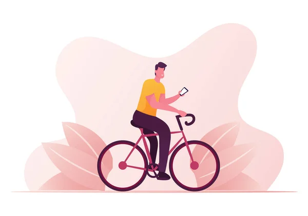 Férfi karakter kerékpározás Bicycle Smartphone in Hand Segítségével Free Network App és tájolás a városban Mobil App és GPS Navigator. Egészséges életmód, intelligens technológiák. Rajzfilm vektor illusztráció — Stock Vector