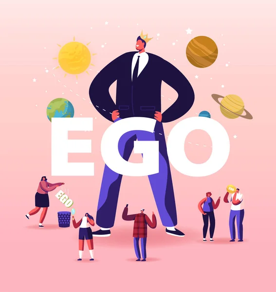Ego, Narsist Öz Sevgi Davranış Konsepti. Egomerkezci Maço Adam 'ın Başında Taç Giyen Karakterleri. Psikolojik Bozukluk Semptomu Poster Afişi Çizgi Film Vektör İllüstrasyonu — Stok Vektör