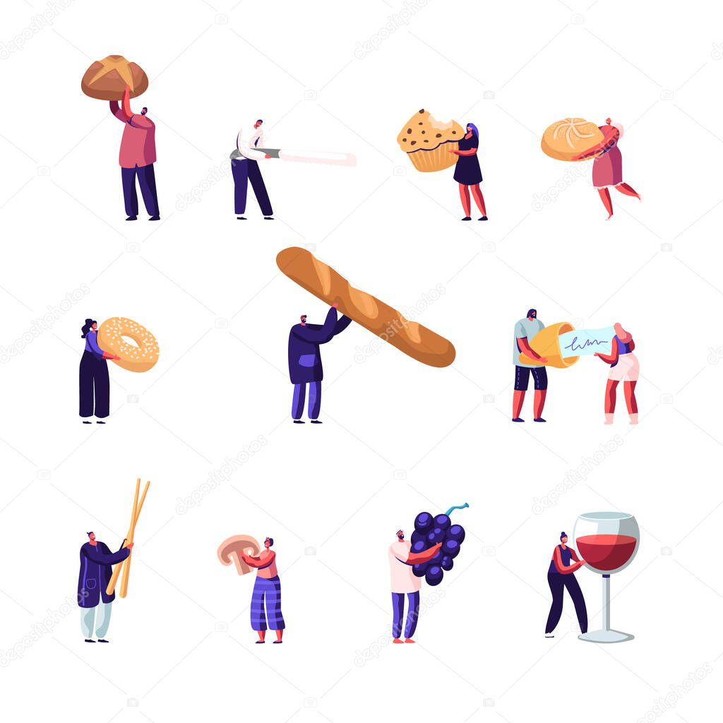Set of Male and Female Characters Presenting Homemade Bread and Wide Choice of Fresh Baked and Pastry Production, Wine and Fresh Grape. People Eating and Cooking Bakery. Cartoon Vector Illustration