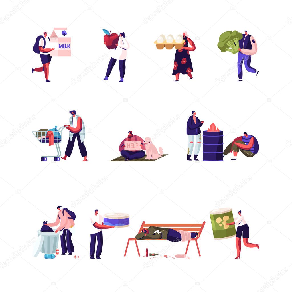 Set of Volunteers Help Beggars. Male and Female Characters Bringing Food to Homeless Adult Poor People, Bums Begging Money and Need Help. Charity and Donation Organization. Cartoon Vector Illustration