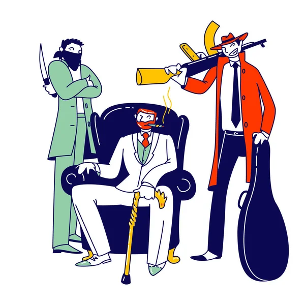 Jefe de la mafia con traje elegante y bastón de caminar fumar cigarro sentado en sillón de cuero con personajes de Henchmen sosteniendo cuchillo de arma y pistola de submáquina. Personas lineales Vector Ilustración — Archivo Imágenes Vectoriales