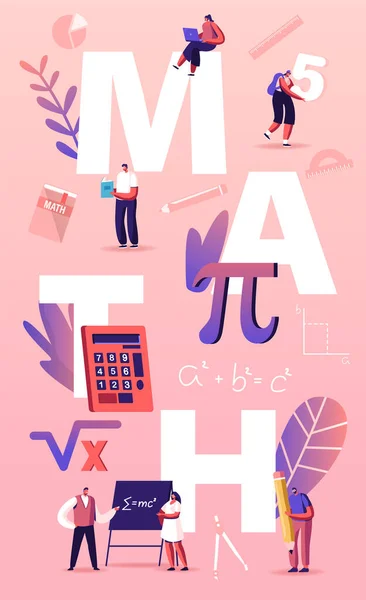 Math Science Concept. Petits élèves personnages en laboratoire ou en classe Apprentissage des mathématiques à Huge Sign Pi. Gain d'éducation et d'écriture Formule Affiche Bannière Circulaire Illustration vectorielle de bande dessinée — Image vectorielle