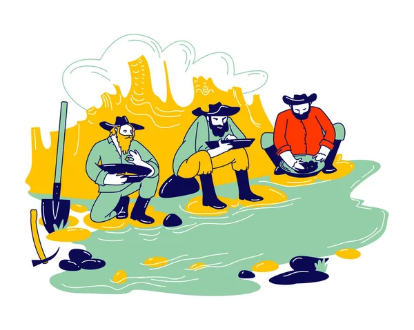 プロスペクターグループ｜ヴィンテージコスチュームと帽子を身に着けている男性キャラクターピックアックスとスペードで川側に座っている黄金の砂とプリルズを喘ぐ。ゴールドラッシュのコンセプト。リニアな人物ベクトルイラスト — ストックベクタ