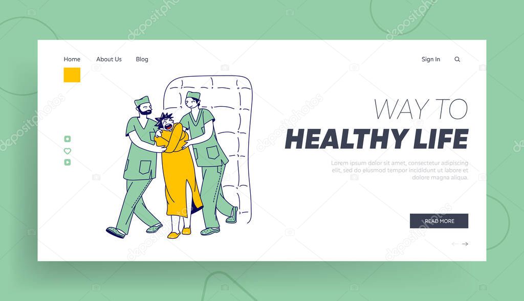 Psychiatric Hospital Landing Page Template. Medic Orderly Characters Leading Mentally Unstable Crazy Patient Wrapped in Straitjacket to Room with Padded Soft Walls. Linear People Vector Illustration
