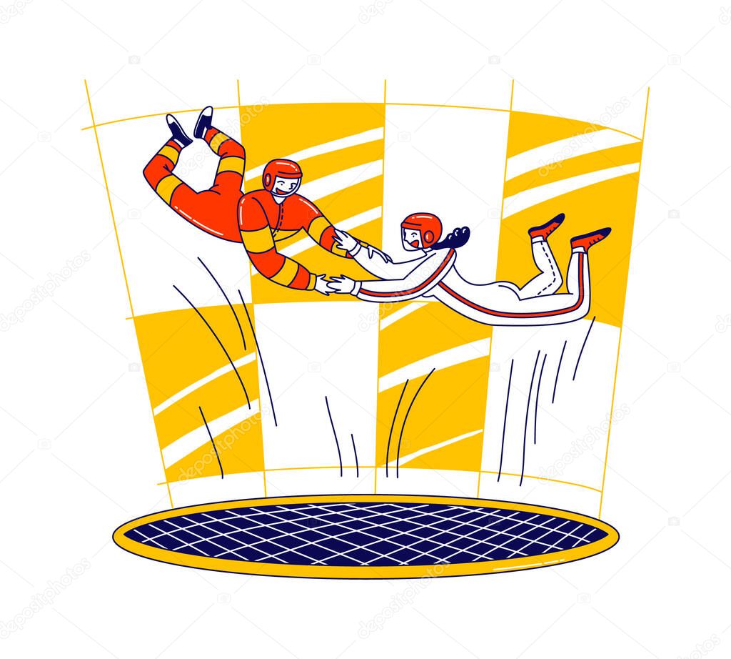 Happy Couple Holding Hands Flying in Wind Turbine. Male Female Characters Extremal Sport Experience and Recreation Spare Time. Skydiving Hobby, Free Fall Aerobatic. Linear People Vector Illustration