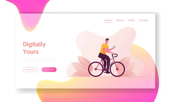 Gesunder Lebensstil, Smart Technologies Landing Page Template. Männliche Figur Fahrrad fahren mit Smartphone in der Hand mit Free Network App und Orientierung mit Gps Navigator. Zeichentrickvektorillustration — Stockvektor