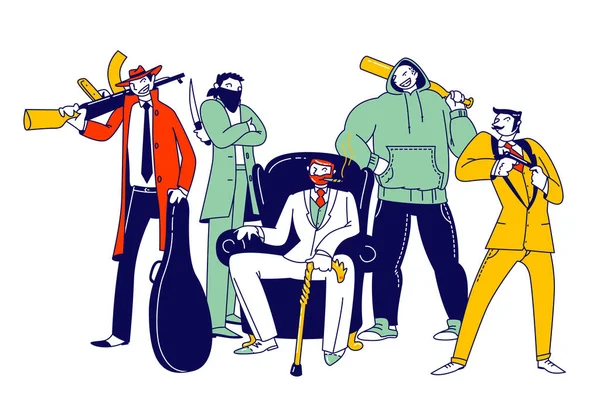 Groupe de personnages de gangsters masculins portant des costumes tenant une arme Tenez-vous debout autour du chef de la mafia assis dans un fauteuil. Criminels et chef des vêtements à l'ancienne. Illustration vectorielle des personnes linéaires — Image vectorielle