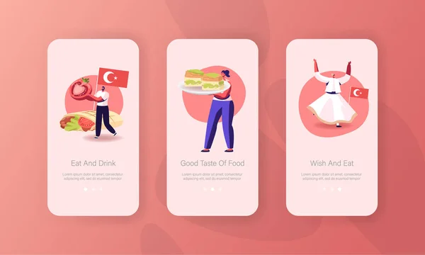 Türkische Lebensmittel Mobile App Seite Onboard Screen Template. Winzige Menschen Charaktere tragen reife frische Tomaten zu riesigen Shawarma mit Fleisch oder Gemüse und Süßigkeiten, Gourmet-Konzept. Zeichentrickvektorillustration — Stockvektor