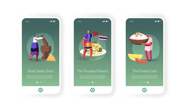 Thai Restaurant Mahlzeit, National Menu Mobile App Seite Onboard Screen Template. Winzige Menschen Charaktere Kochen Reis mit Gemüse und Gurkensalat, Grind Gewürzkonzept. Zeichentrickvektorillustration — Stockvektor