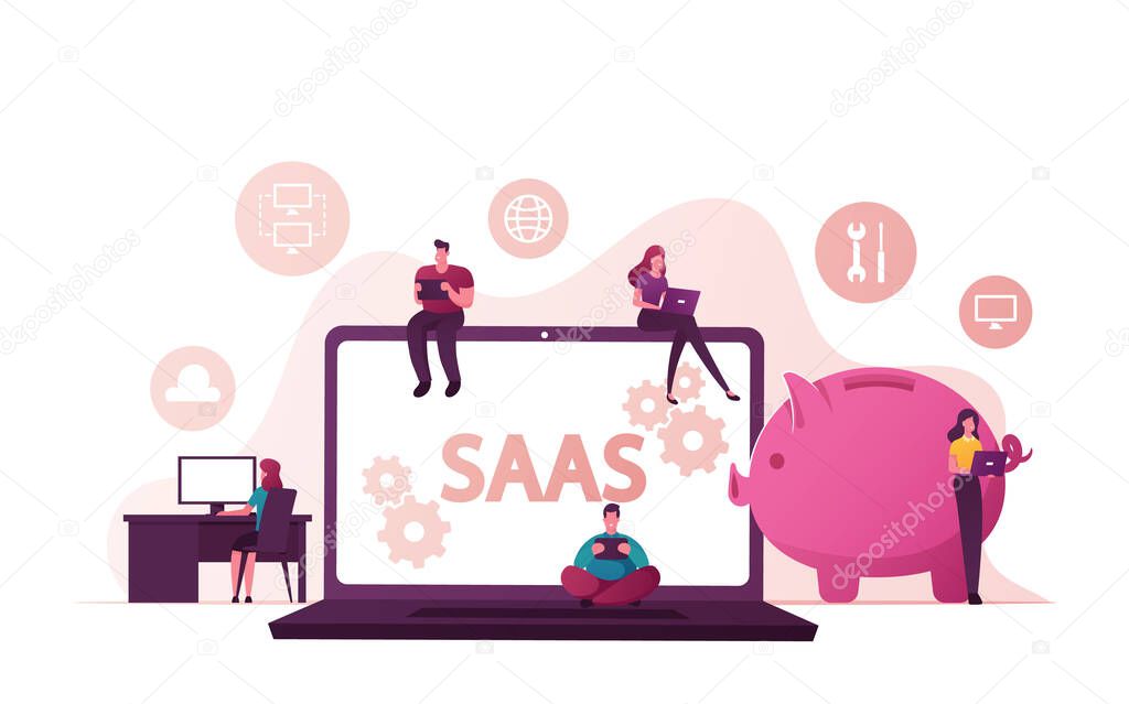 Saas Software as a Service Cloud Application Access Internet Subscription Basis Centrally Hosted on-demand Software. Tiny Characters on Huge Laptop, Piggy Bank. Cartoon People Vector Illustration