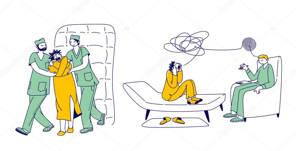Patient Character in Straitjacket in Asylum or Mentally Clinic. Madhouse Room with Bed, Soft Walls, Doctor and Orderly. Psychiatric Hospital for People with Mental Disorder. Linear Vector Illustration