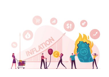 Inflation Concept. Finance Market Risk Crisis in Percentage Rate. Tiny Male Female Characters Money Value Recession, Price Increase Process. Unstable Nominal Worth. Cartoon People Vector Illustration clipart