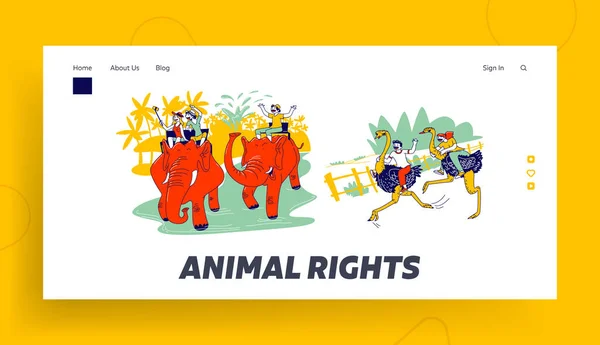 Summertime Vacation, Travel and Holidays Landing Page Template (em inglês). Happy Tourists Personagens Montando Elefante e Avestruzes Fazendo Selfie e Divirta-se em País Exótico. Ilustração vetorial de pessoas lineares — Vetor de Stock