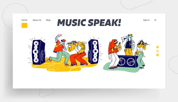 Personajes con Estilo Músicos Modernos Actuando en el Escenario con Rap Música Jóvenes Raperos Cantando Hip-hop y Bailando en Escena con Equipo de Sonido Landing Page Template. Personas lineales Vector Ilustración — Vector de stock