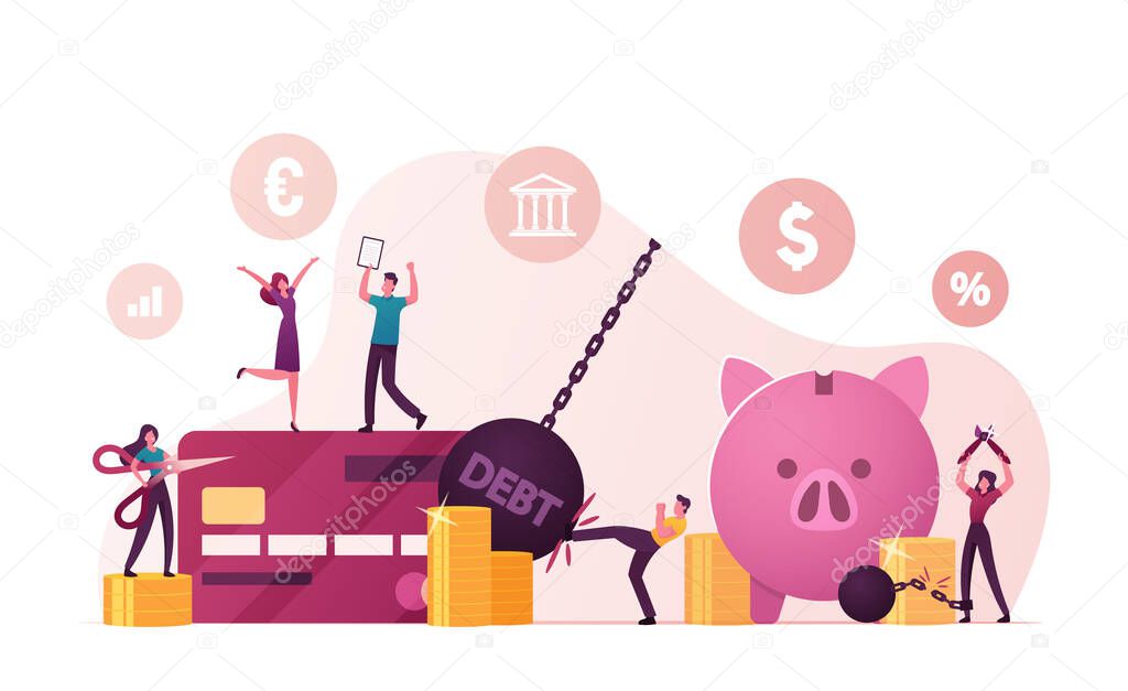 Tiny Male and Female Characters Rejoice for Money Debt Deliverance and Finance Freedom. Happy People Cutting Chains at Huge Piggy Bank and Credit Card, Slavery Finish. Cartoon Vector Illustration