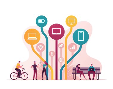 Ücretsiz İnternet Hizmetleri ve Uygulamalar Konsepti. Smartphone Kullanıcı Erkek ve Kadın Karakterleri ve Uygulamaları Uluslararası Ağ 'dan indiriliyor. Çizgi film İnsanları Vektör İllüstrasyonu