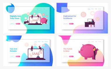 Saas Yazılım İstenen Yazılım İniş Sayfa Şablonu olarak bir hizmet. Bulut Uygulaması İnternet Aboneliği. Dev Laptop 'taki küçük karakterler, Piggy Bank. Çizgi film İnsanları Vektör İllüstrasyonu