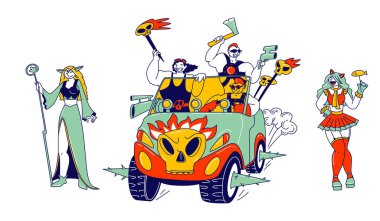 Cosplay Karakterleri Konsepti. Kültür Hobisi ve Eğlence. Mutlu Anime Hayranları Partisi. Kostüm Oyuncuları: Kıyafet ve Peruklarla Gülümseyen ve Kafatası Olan Arabalara Binen Adamlar. Doğrusal İnsanlar Vektör İllüstrasyonu