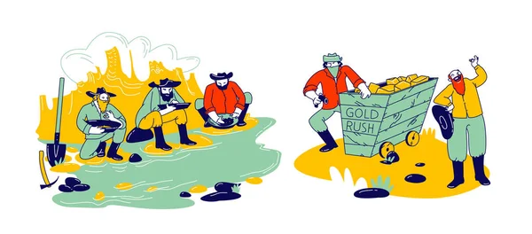 Golden Rush and Gold-washing Concept Prospector Characters Panning for Nuggets in Stream at Western Mining Camp, Bandits with Weapon Steal Prills, Wild West Theme. Linjära människor vektor Illustration — Stock vektor