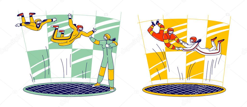 Skydivers Male and Female Characters in Indoor Wind Tunnel Training, Free Fall Simulator. Extreme Sport Experience with Coach Help. People Flying Experiment, Leisure Relax. Linear Vector Illustration