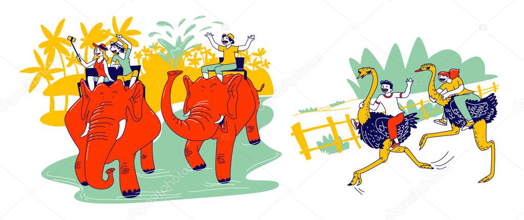 Happy Male and Female Tourists Characters Riding on Elephant and Ostriches Making Selfie and Having Fun in Exotic Country. Summertime Vacation, Travel and Holidays. Linear People Vector Illustration
