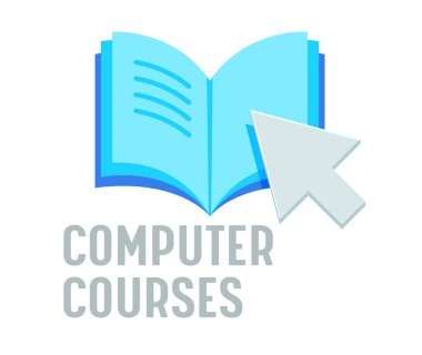 Bilgisayar Kursları Banner, Çevrimiçi Eğitim, Evde Eğitim Konsepti. Fare İmleci ile Beyaz Arkaplanda Açık Kitap. Uzaktan öğrenme, Dijital Okul. Çizgi film Vektör İllüstrasyonu, Simge