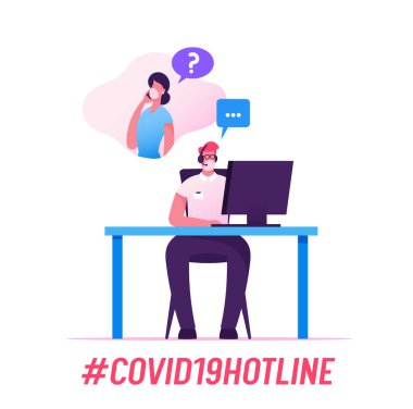 Covid19 Yardım Hattı Uzman Karakteri Cevap İstemcisi Soruları İnternet 'te. İnternetteki insanlarla Kulaklık ve Tıbbi Maske İletişimi Merkezi Destek Servisi Personelini ara. Çizgi film Vektör İllüstrasyonu