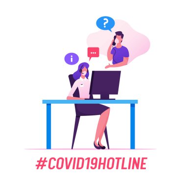 Covid19 Yardım Hattı. Resepsiyonist Karakter İnsanları Destekliyor. Kulaklık ve Maske Danışmanı Çağrı Merkezi 'ndeki müşteriyle Coronavirus Sorularına Cevap Veriyor. Çizgi film Vektör İllüstrasyonu