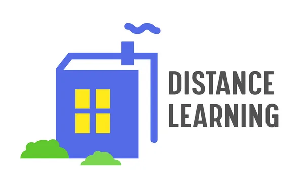 Banner voor afstandsonderwijs Online onderwijs Cursussen, Thuisonderwijs Concept. Boek in de vorm van een huis met gloeiend raam en schoorsteen op het dak geïsoleerd op witte achtergrond. Cartoon Vector Illustratie, Pictogram — Stockvector