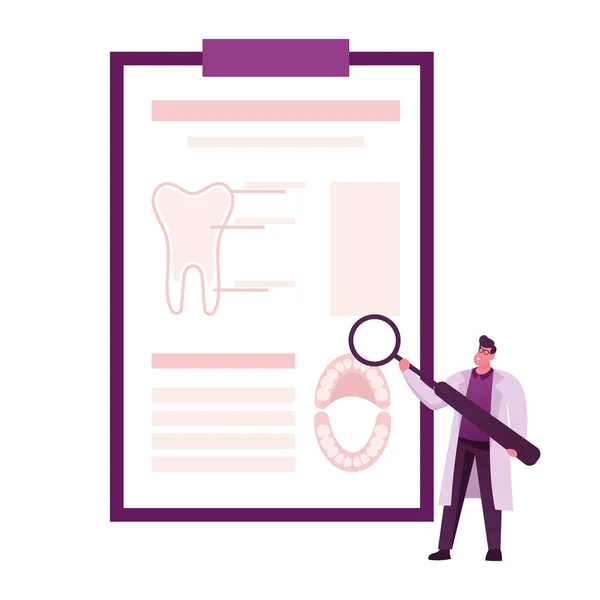 Male Doctor Stomatologist Character Holding Magnifying Glass Stand at Huge Clip Board with Scheme of Dental Treatment or Implantation Plan. Dentistry, Implant Installation. Cartoon Vector Illustration — Stock Vector