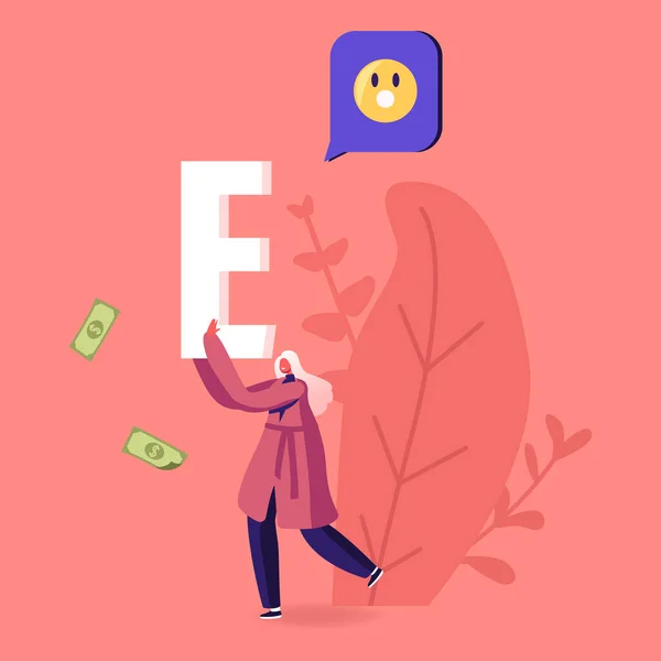 Female Character Carry Huge Letter E with Smile Icon and Money Bills around. Woman Spread Hype in Social Networks, Trends in Advertising and News, Public Relations. Cartoon Vector Illustration — Stock Vector