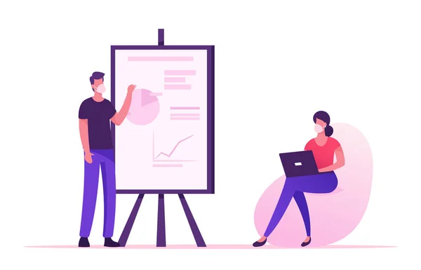 Personnages d'affaires portant un masque médical Réunion dans une salle de conférence ou un séminaire pendant la quarantaine de la Covid19. Stand formateur au tableau blanc avec des graphiques d'analyse des données. Illustration de personnages vectoriels de bande dessinée — Image vectorielle