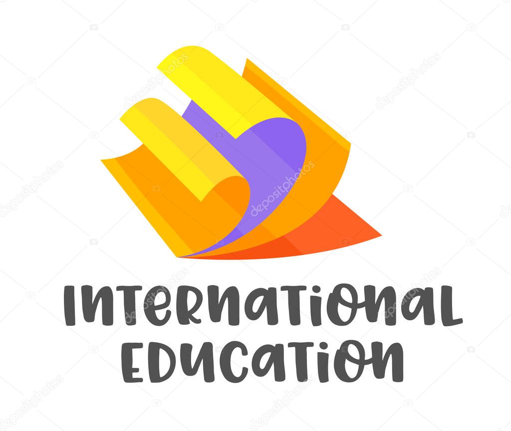 International Education Banner Isolated on White Background. Global Online Courses, Homeschooling Concept. Open Book with Multicolored Curl Pages, Distance Learning. Cartoon Vector Illustration, Icon